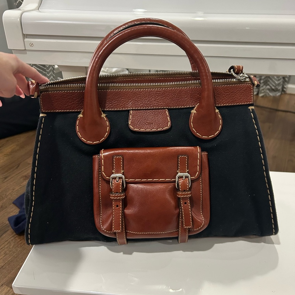 Chloe Black Canvas and Brown Leather Satchel Handbag